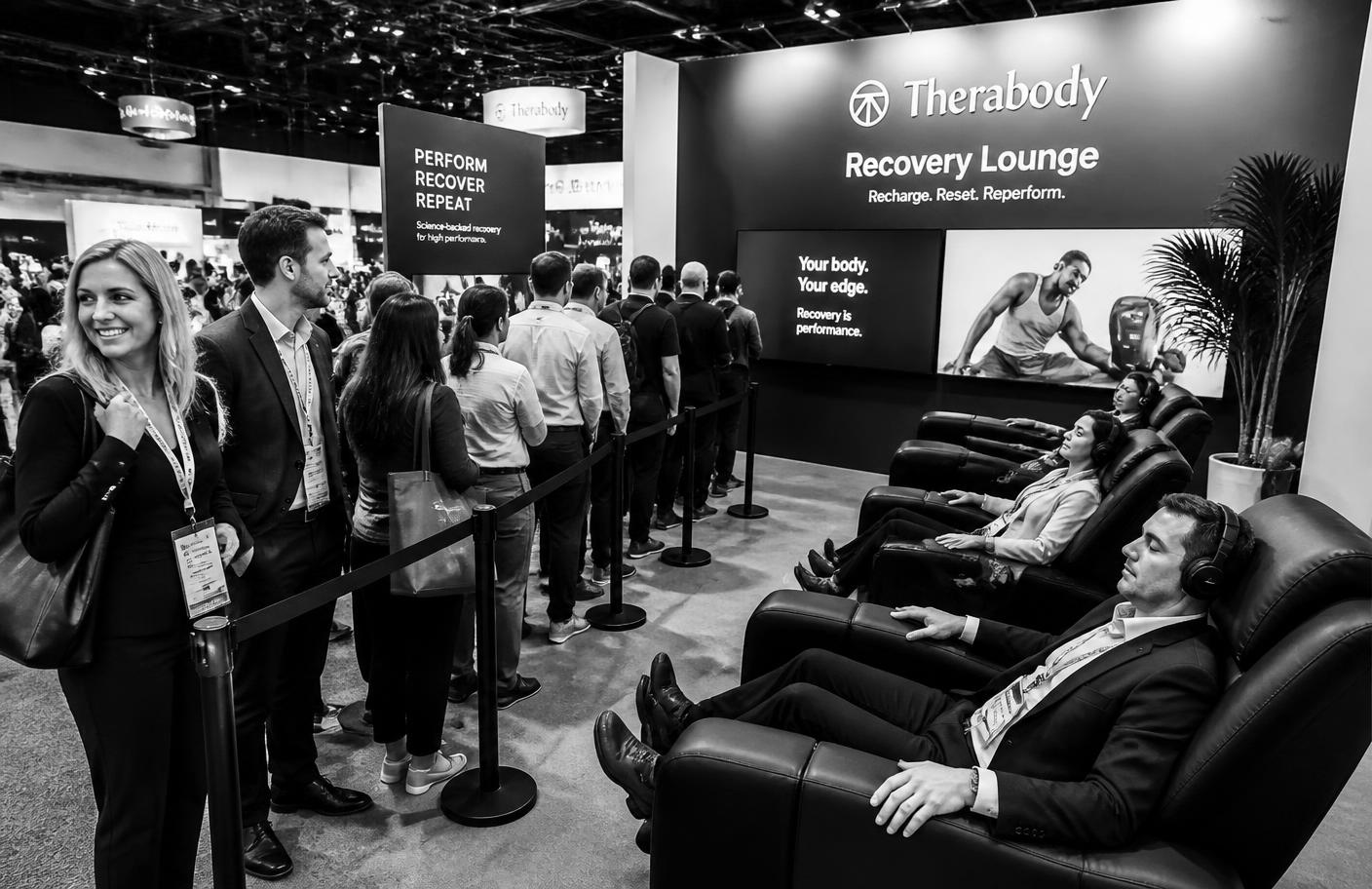 Attendees queueing at a sponsored recovery booth activation